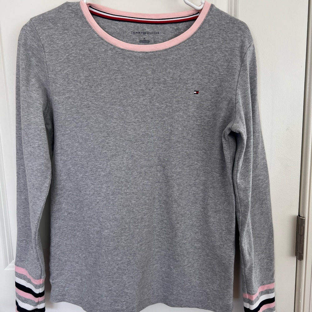 Tommy Hilfiger Gray Cotton Crew Neck Sweater With Pink|White/Blue Stripes. Med